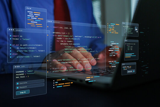 Developer writing code on laptop, hands typing on keyboard with holographic interface showing programming scripts
