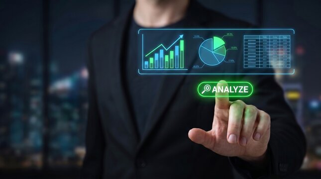 financial data analysis concept. businessman reviewing holographic growth charts, pie graph, performance indicators, and statistical reports on smartphone. business intelligence and strategic decision
