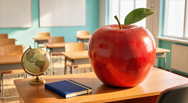 Colossal glossy red apple with green leaf on teacher desk next to miniature globe and blue notebook. Empty classroom with wooden student desks in back to school educational setup