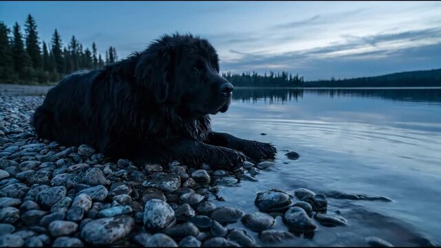 Black Newfoundland dog lying on a rocky shore next to a calm lake