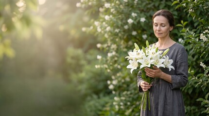 Fototapeta premium A serene woman in a gray dress stands in a sun-dappled garden, holding a bouquet of white lilies with her eyes closed, conveying a sense of peace and contemplation.