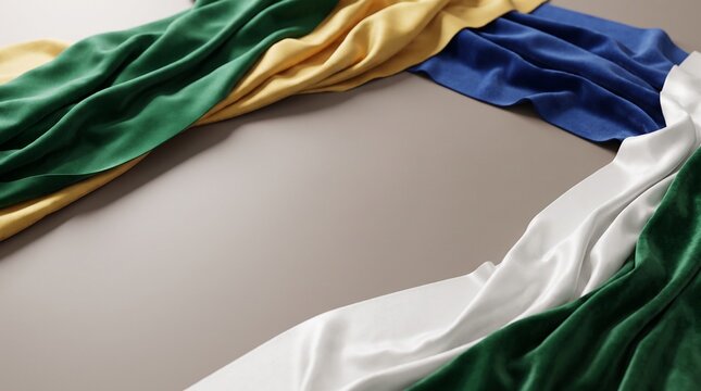 An abstract arrangement of draped fabric in shades of green, yellow, blue, and white, resembling a flag or colorful textiles, creating a dynamic, flowing pattern on a neutral surface.