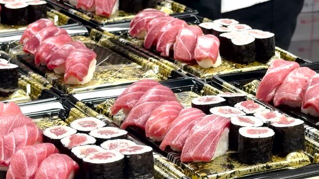 High-quality 4K stock footage showcasing rows of fresh tuna sushi nigiri and maki rolls beautifully arranged on black and gold retail trays in a commercial setting.
