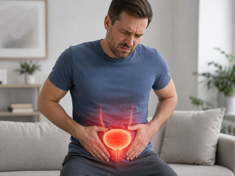 Man with Bladder Pain and Urinary System Illustration, Cystitis and Urology Concept