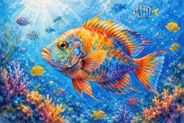 Fototapeta premium Colorful Tropical Fish Watercolor Illustration in Coral Reef Underwater Scene