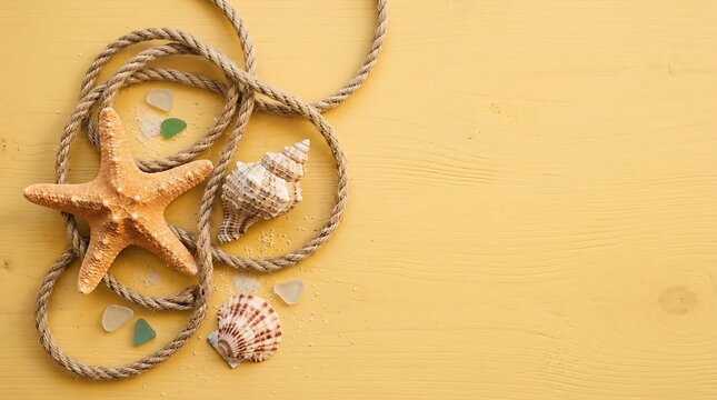Starfish and seashells arranged with rope on a yellow background.