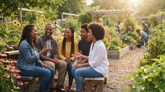 A group of friends or family share a lively conversation while sitting on rustic wooden benches in a vibrant community garden, surrounded by flourishing plants and sunflowers.