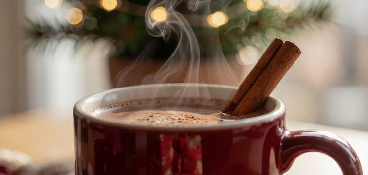 Hot cocoa with a cinnamon stick in a mug, evoking a cozy Christmas gift exchange atmosphere with warm lighting.