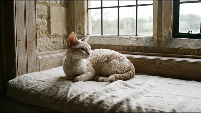 Devon Rex cat resting on a window seat cushion looking outside