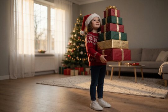 Young girl carrying a tall stack of wrapped Christmas gifts in a warmly lit living room setting.