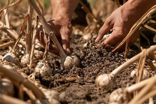 Planting Garlic Bulbs into Rich Soil