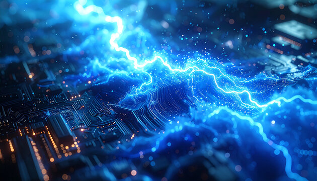 Electric Surge on Circuit Board: A dramatic display of brilliant blue lightning arcs across a complex circuit board, illuminating intricate pathways and glowing components with raw, powerful energy.