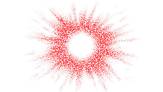 Abstract red particle explosion background with circular burst effect, dynamic dotted energy pattern