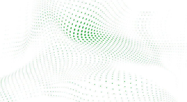 Abstract green halftone wave background with flowing dotted mesh pattern, futuristic technology