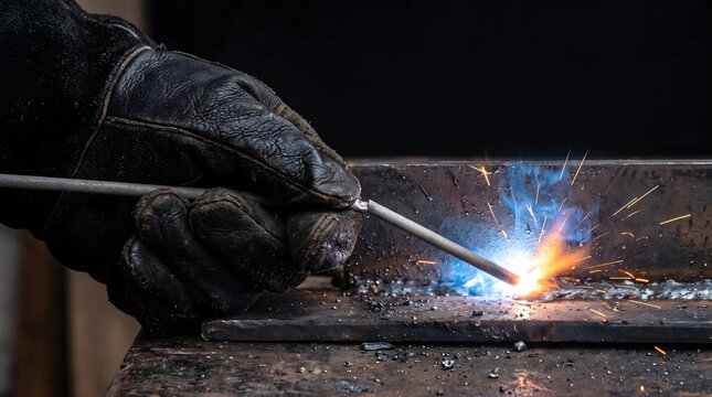 Welder with glowing electrode joining metal with sparks, industrial manufacturing and craftsmanship metalworking and forging craft