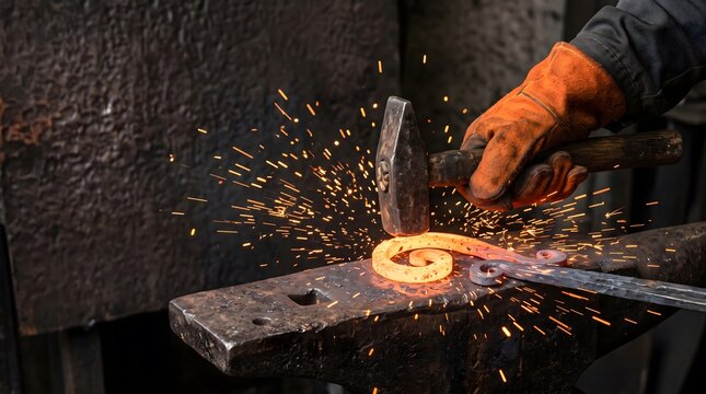 Blacksmith working hot metal with hammer on anvil, sparks flying, traditional craft metalworking and forging craft