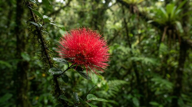 Beautiful bright red calliandra powder puff flower blooming in a lush green tropical garden