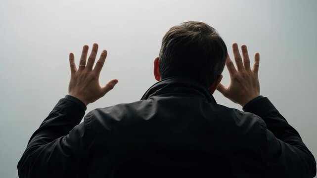 Man with hands raised against a wall