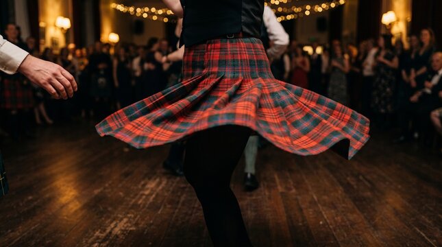Swirling tartan skirt in a fast Scottish folk dance
