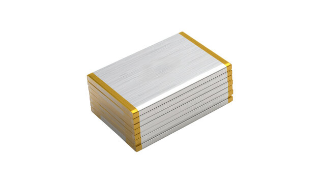 Stack of rectangular lithium polymer battery cells with gold contact terminals isolated on a solid black background isolated on a transparent background
