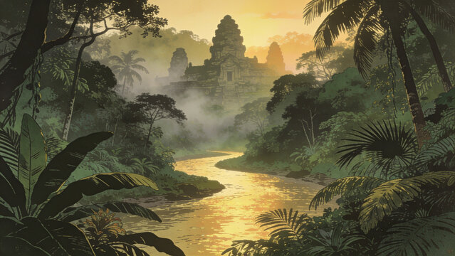 Ancient stone temple sits majestically within a deep tropical jungle during a beautiful warm golden sunset glow