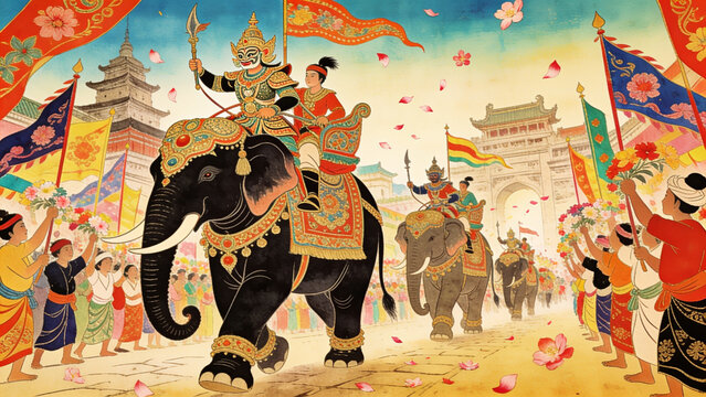 A vibrant traditional parade featuring elaborately decorated elephants and masked riders proceeding through an ancient Asian city.
