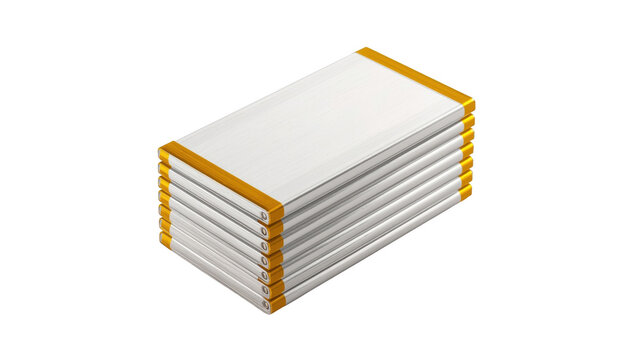 Stack of white rectangular electronic battery cells with yellow ends isolated on a solid black background surface isolated on a transparent background