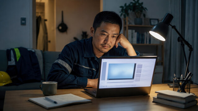Asian Male Construction Worker Wearing Uniform Working Late at Night on Laptop in His Home Office with Pensive Expression While Reviewing Technical Documents and Blueprints