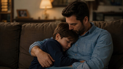 Fototapeta premium Tender moment of father comforting his young son while sitting together on comfortable sofa in cozy home environment during evening, showcasing love and support.