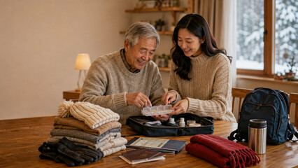 Obraz premium Young Woman Helping Her Elderly Father Prepare Medicine and Travel Essentials for Upcoming Winter Trip Together in Cozy Home Setting with Warm Sweaters and Travel Gear