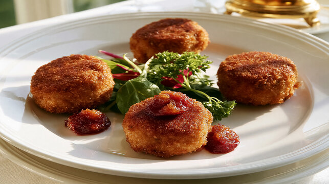Golden fried croquettes serving as an elegant appetizer, garnished with fresh mixed greens and a sweet savory jam