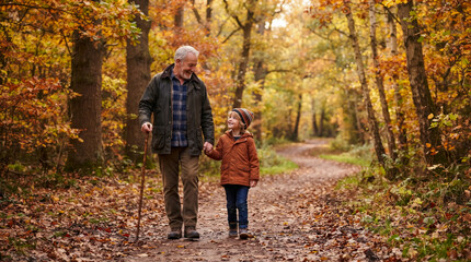 Obraz premium Loving Senior Grandfather and His Young Grandson Walking Hand in Hand Along Beautiful Path Through Scenic Autumn Forest Filled with Golden Fallen Leaves on Crisp Day