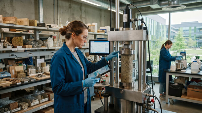Professional researchers conduct structural integrity testing on concrete cylindrical samples using hydraulic compression machine in modern civil engineering materials laboratory