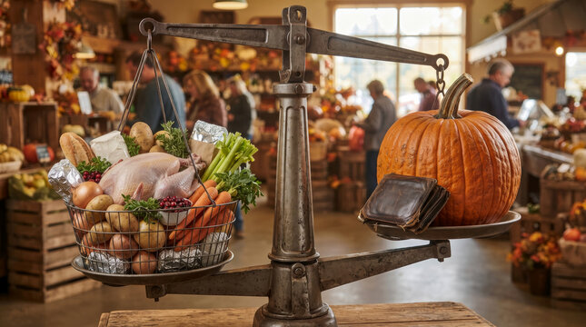 Symbolic vintage scale balancing basket of raw thanksgiving ingredients including turkey and vegetables against large pumpkin and wallet to represent rising grocery costs.