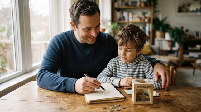 Caring Father Teaches His Young Son Financial Literacy by Helping Him Count Coins and Track Savings in Personal Ledger at Wooden Table in Their Cozy Home Living Room