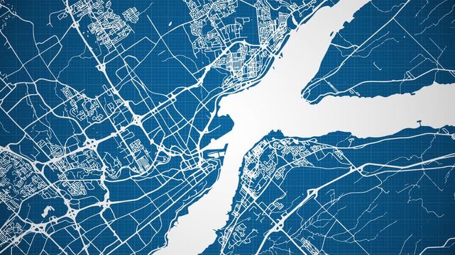 Ink reveal animation of Queb&eacute;cc city, Quebec (QC), Canada grid map. Aerial top view. Blueprint style. White lines with blue background. 4K Seamless loop.