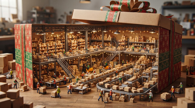 Miniature warehouse inside giant Christmas gift box with tiny workers, conveyor belts, and shipping crates depicting bustling festive logistics operation scene