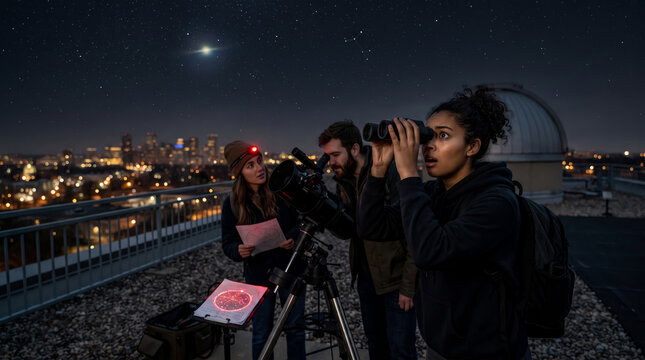 Young people observing night sky with telescopes and binoculars from city rooftop observatory at night, exploring space, constellations, and vast wonder of astronomy.