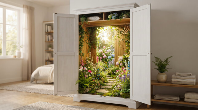 Whimsical white wooden wardrobe standing open in cozy sunlit bedroom, revealing secret magical garden path filled with vibrant blooming flowers and lush greenery inside.