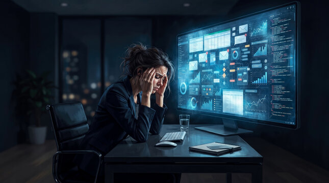 Stressed Businesswoman Suffering from Overwork and Fatigue While Analyzing Complex Data Graphs on Large Digital Monitor Late at Night in Modern Dark Office Environment