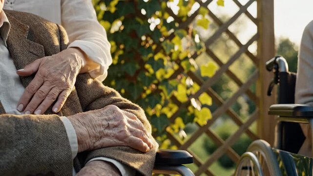 Close up of an elderly couple sharing a tender moment of affection with hands held together while relaxing outdoors in a garden setting