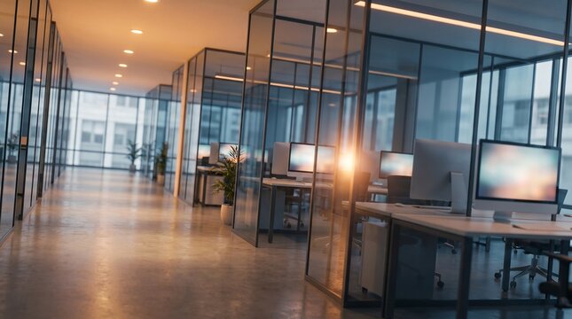 Modern corporate office interior with glass walls and computer workstations in empty professional workspace during golden hour light creating bright atmospheric business environment.
