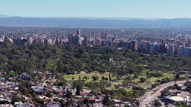Panoramic aerial view of Cordoba city skyline and Sarmiento park in Argentina