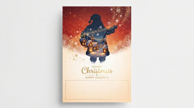 Christmas greeting card with double exposure effect featuring a silhouette of Santa with lights  
