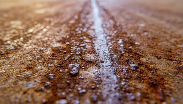 Rusty weathered ground surface with faded white line receding into distance