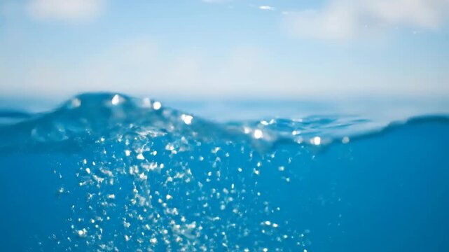 Blue ocean surface water split view with air bubbles and bright sunlight reflections under clear sky background