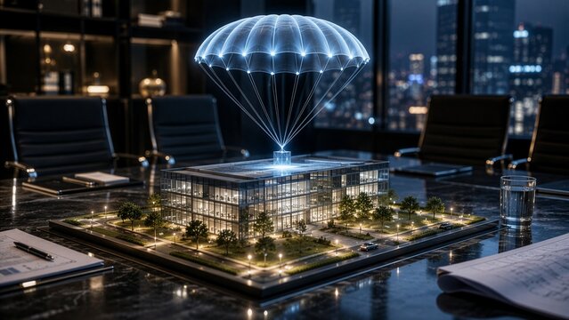 Parachute In Corporate Metaphor: Glowing Miniature Parachute Landing on 3D Architectural Office Building Model on Boardroom Table