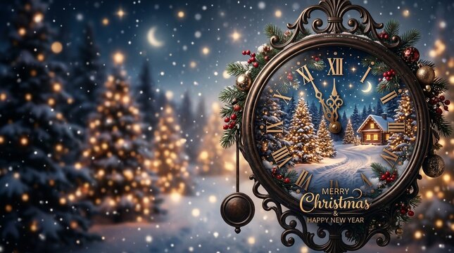 Christmas scene with clock showing festive decorations and snow, Creative holiday greeting card with double exposure effect