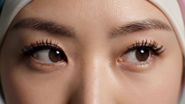 A captivating close-up of a woman's expressive brown eyes, gazing intently to the side with beautifully defined eyelashes and perfectly arched eyebrows, conveying focus and natural beauty