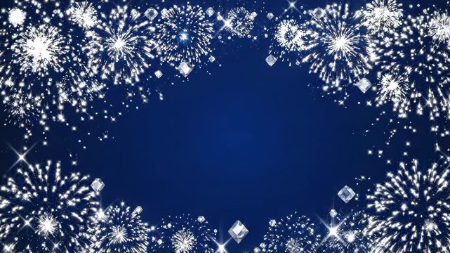 Festive blue background with white fireworks and sparkling diamond crystals